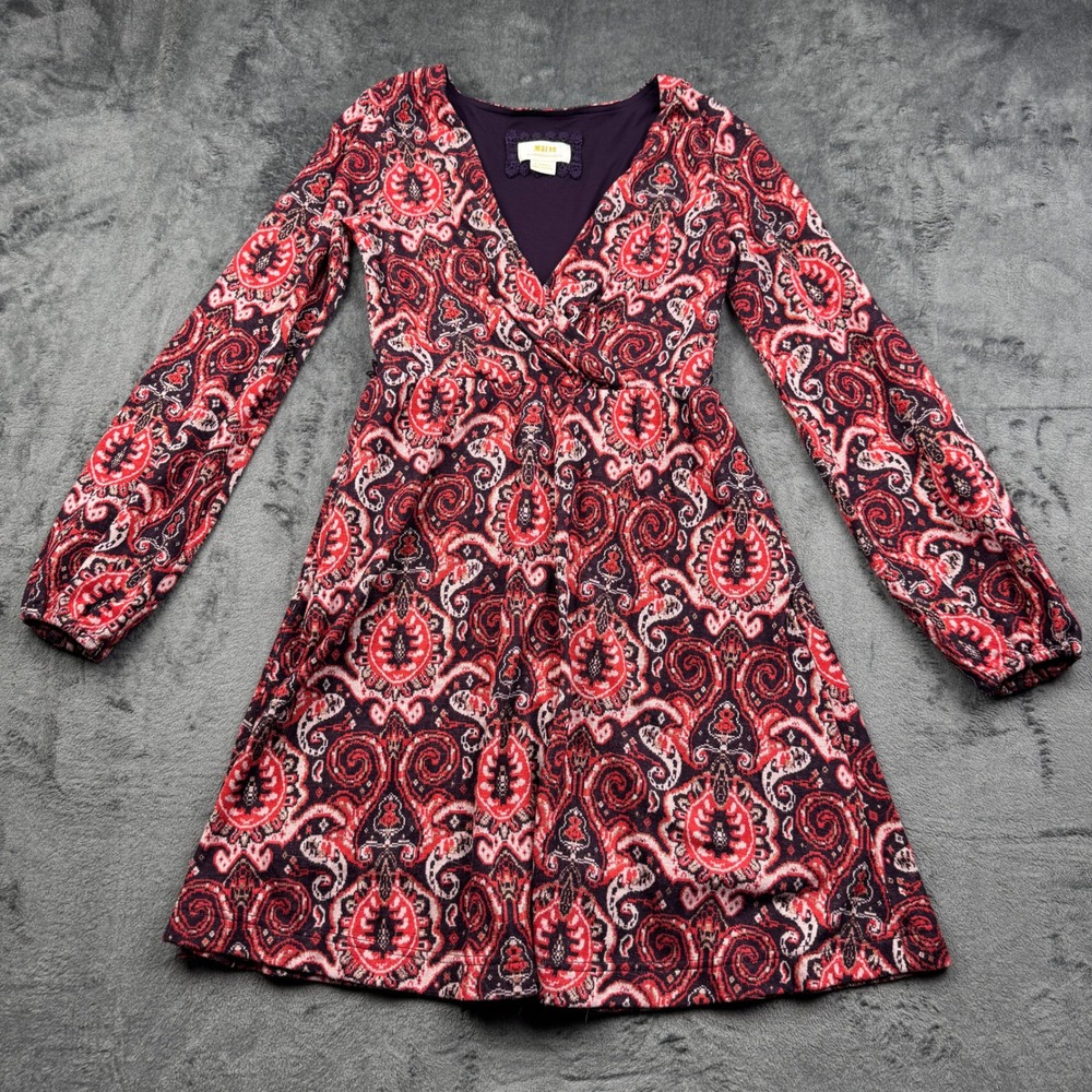 Maeve Dress Women XS Red Paisley Lurex Long Sleeve Faux Wrap Excellent